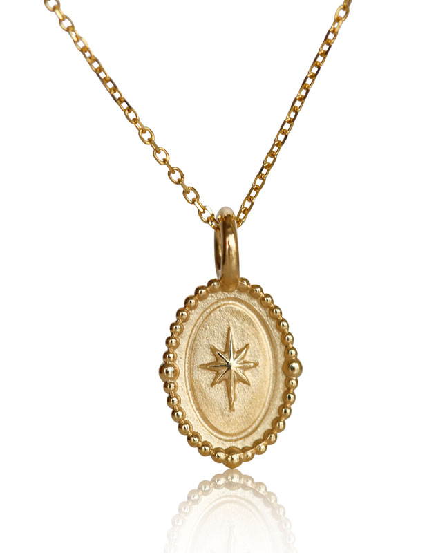 14K Gold Diamond Halo Compass Coin Necklace Charm